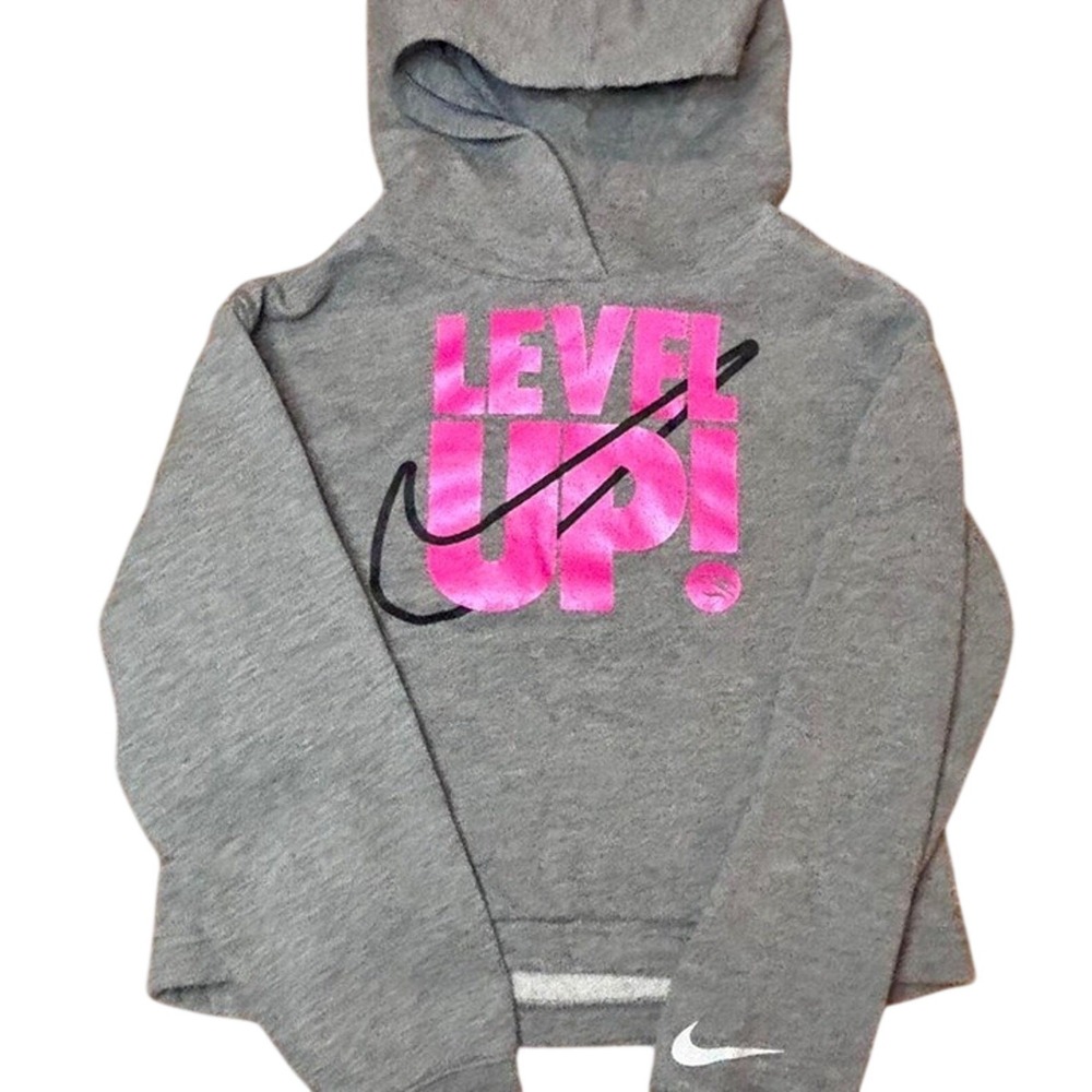 Nike 3 Brand Hoodie Girls Small 8-10 Grey Pink Level Up Cropped Pullover